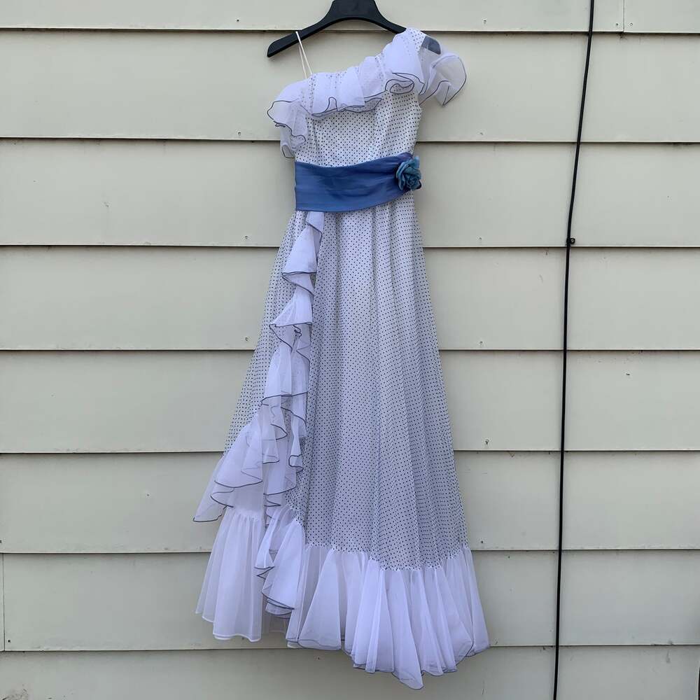 Vintage 70s Blue White Swiss Dot Ruffle One Shoulder Prom Dress Southern Belle